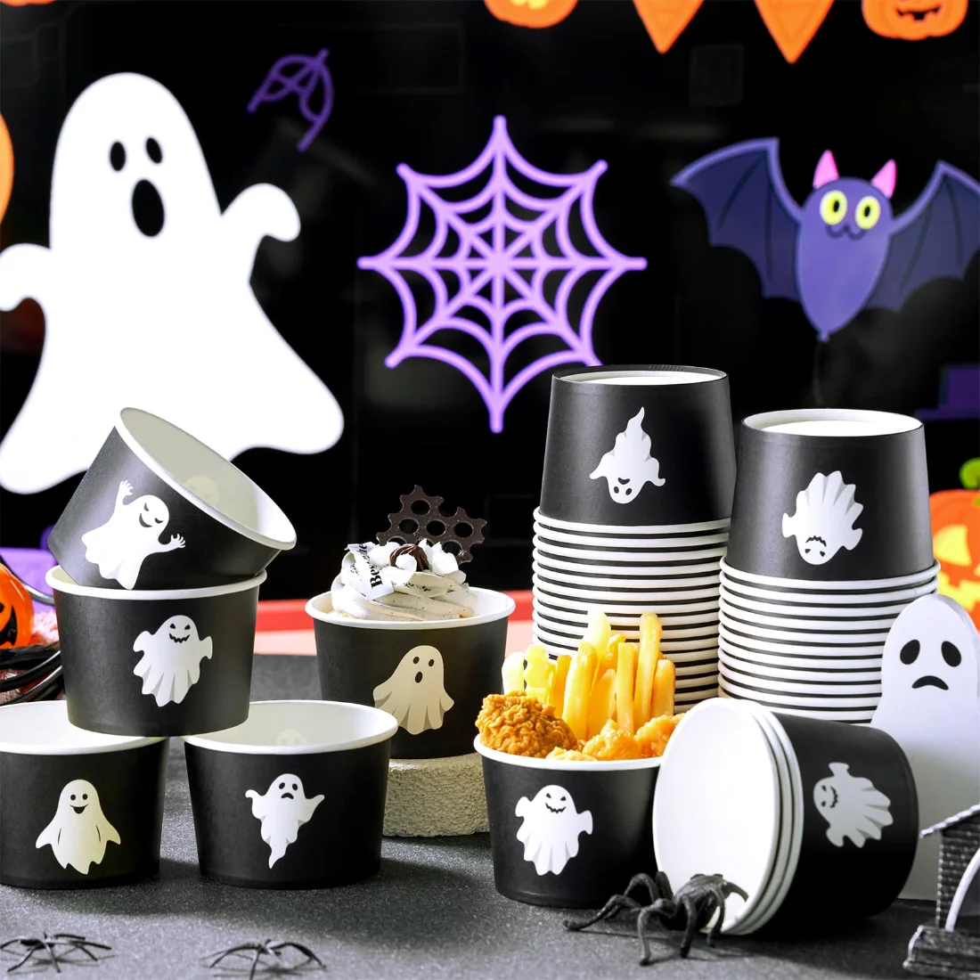 CHENGU Paper snack and dessert cups, Black, Ghost, 60 pcs, view 2