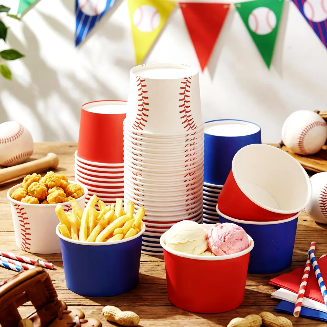 CHENGU Paper snack and dessert cups, Red,Blue,White, Baseball, 60 pcs, view 2