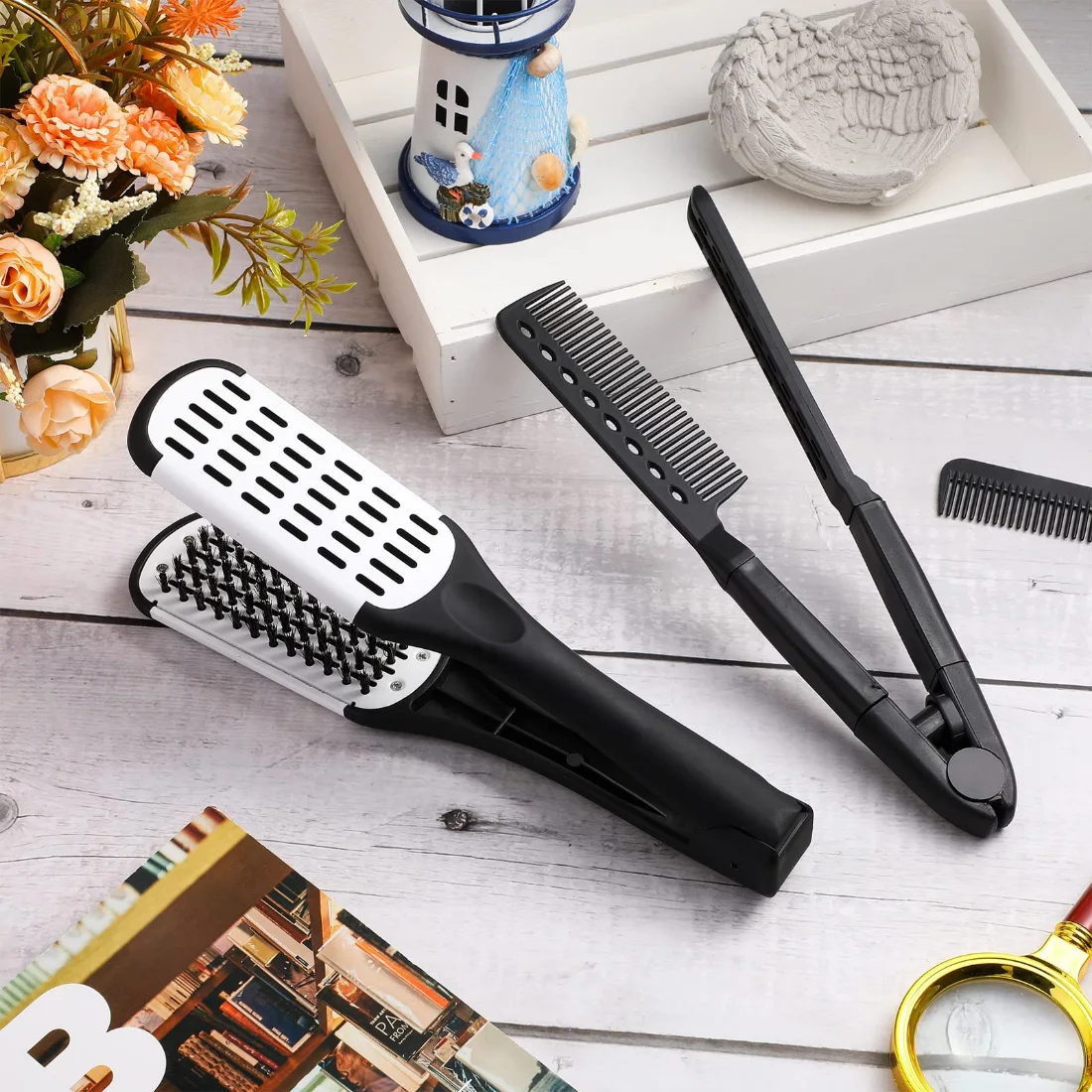 CHENGU Boar bristle straightening combs, Black White, Black, view 2