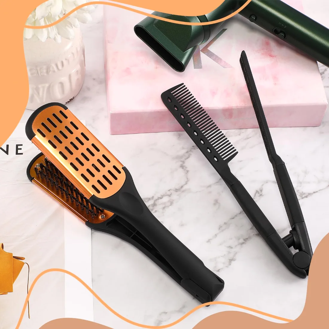 CHENGU Boar bristle straightening combs, Gold, Black, view 2