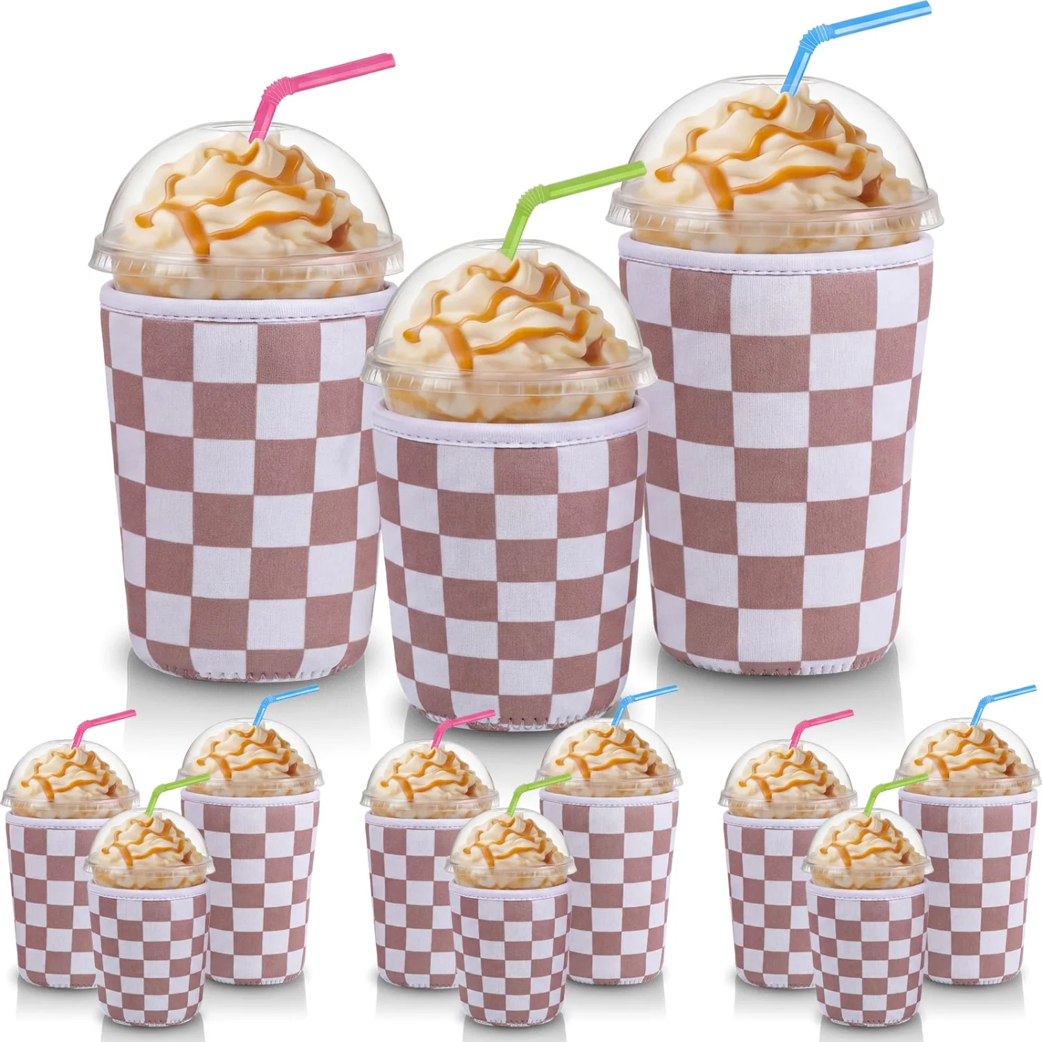 CHENGU Iced coffee cup sleeves, Beige, Checker