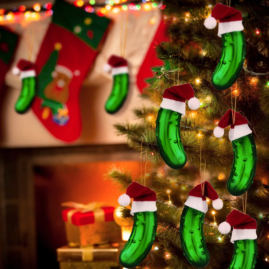 CHENGU Christmas pickle ornament with Santa hat, Green, 5 pcs, view 2