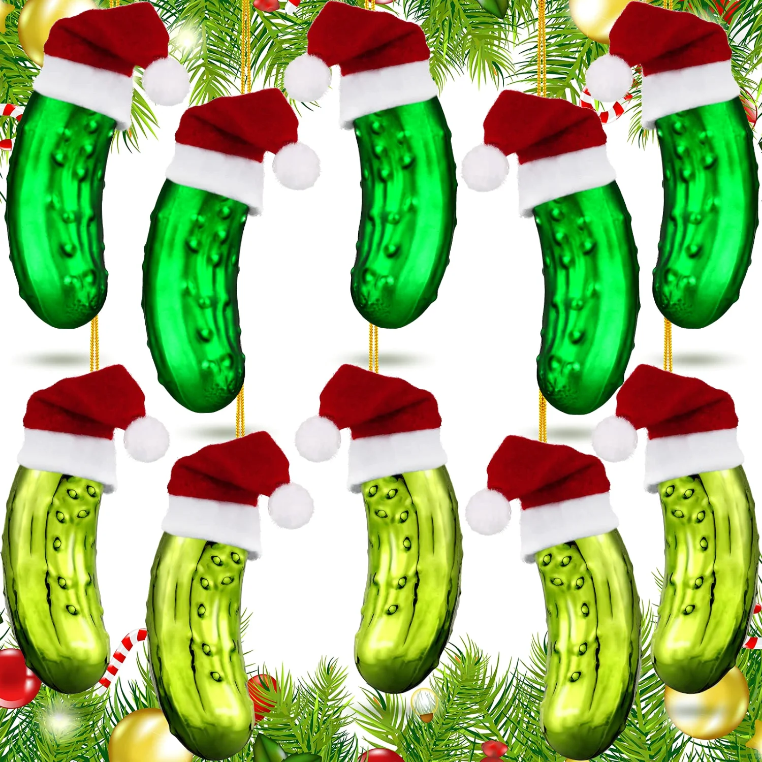 CHENGU Christmas pickle ornament with Santa hat, Green, Light Green, 10 pcs