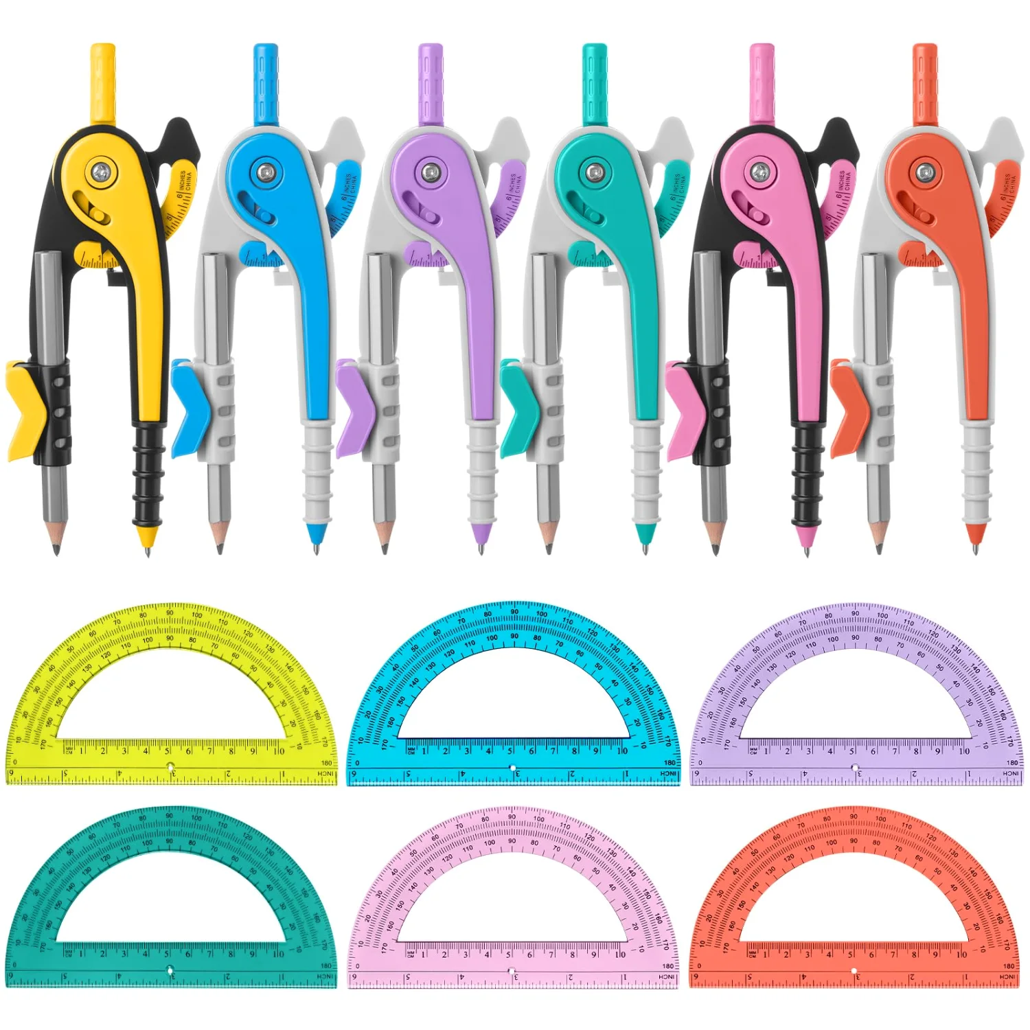 CHENGU Compass and protractor set, Multicolor, 6 Inch, 6 sets