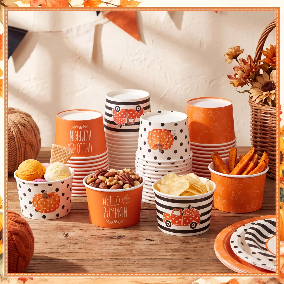CHENGU Paper snack and dessert cups, Orange, Fall, 60 pcs, view 2