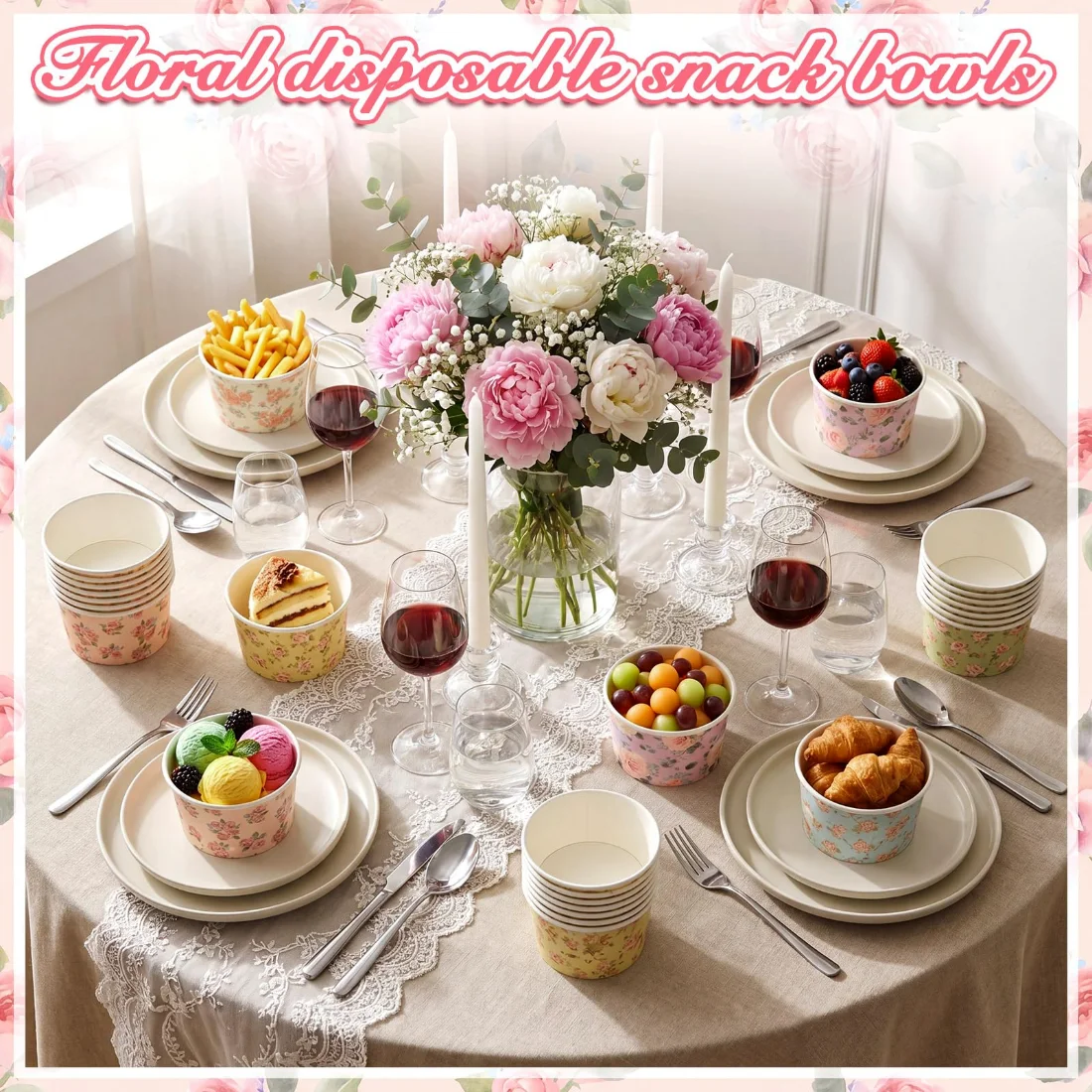 CHENGU Paper ice cream cups, Boho Floral, 60 pcs, view 3