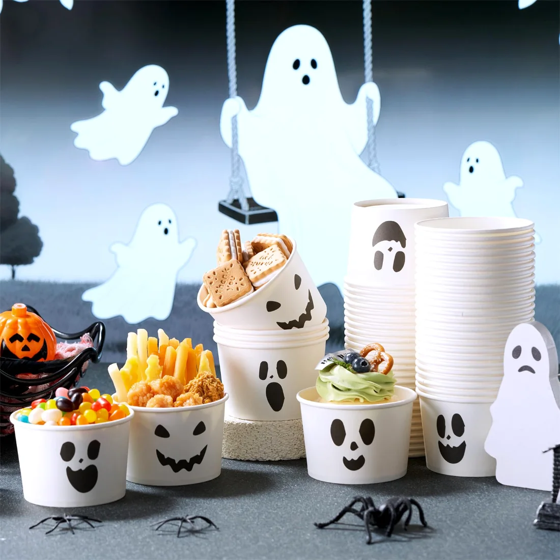 CHENGU Paper snack and dessert cups, White, Classic Ghost, 60 pcs, view 2