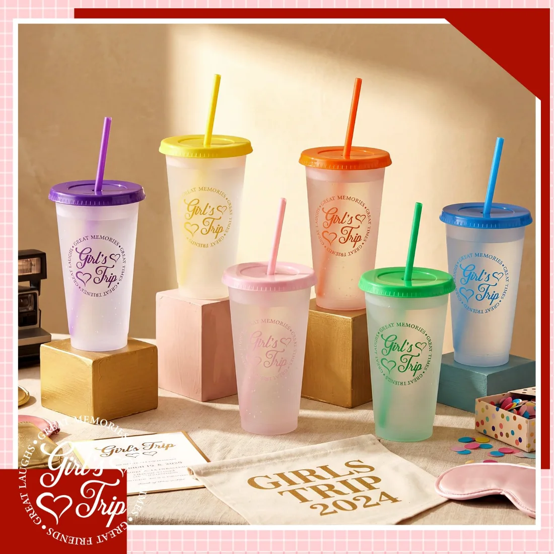 CHENGU Girls Trip plastic tumblers, Bright, 6 sets, view 2