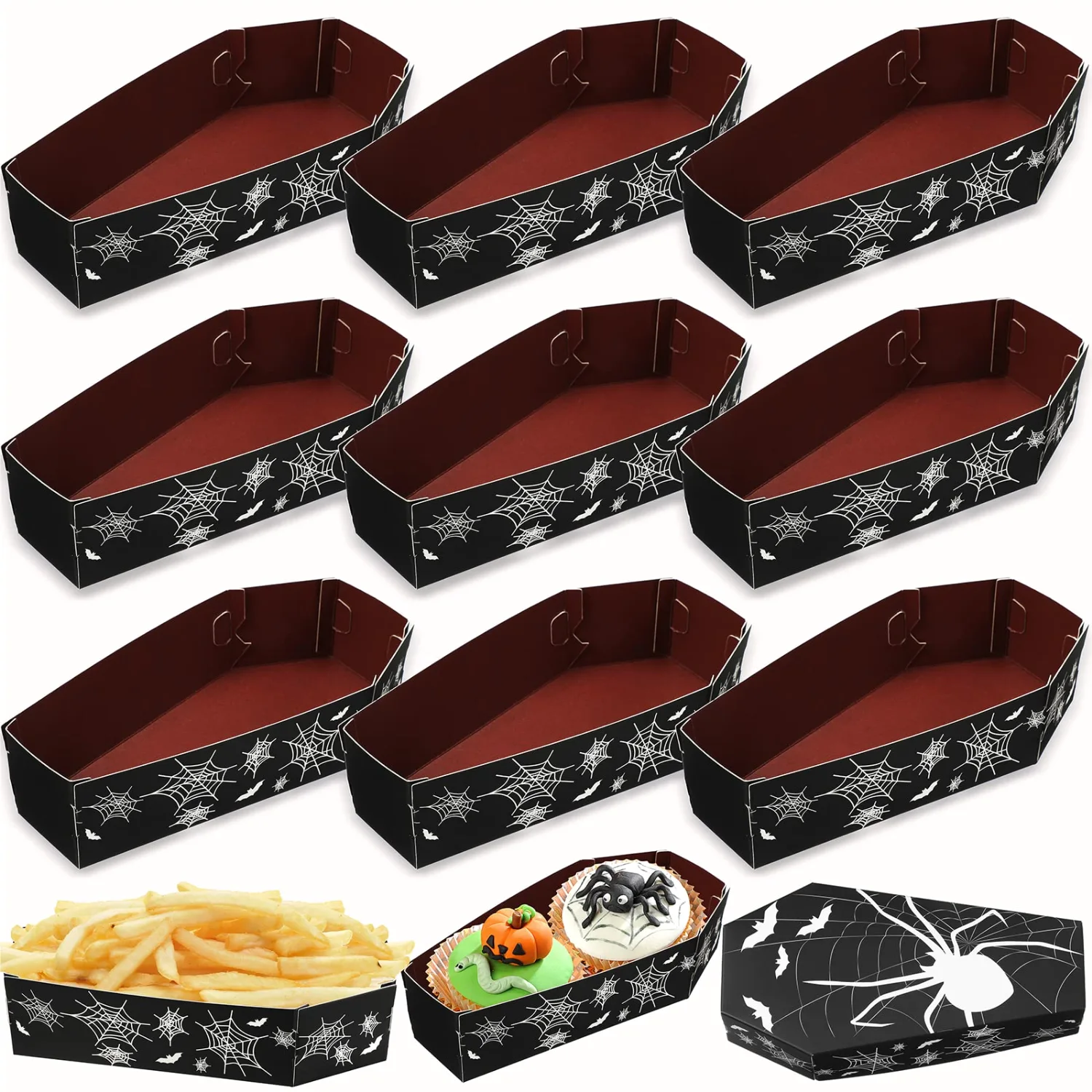 CHENGU Halloween coffin snack trays, Spider, 12 pcs
