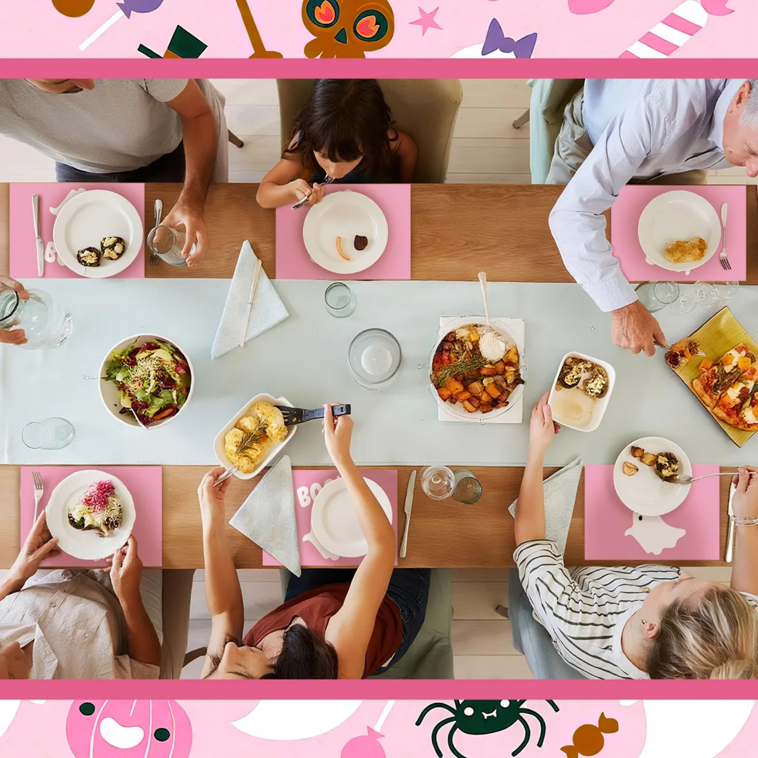 CHENGU Halloween ghost placemats, Pink Ghost, view 2