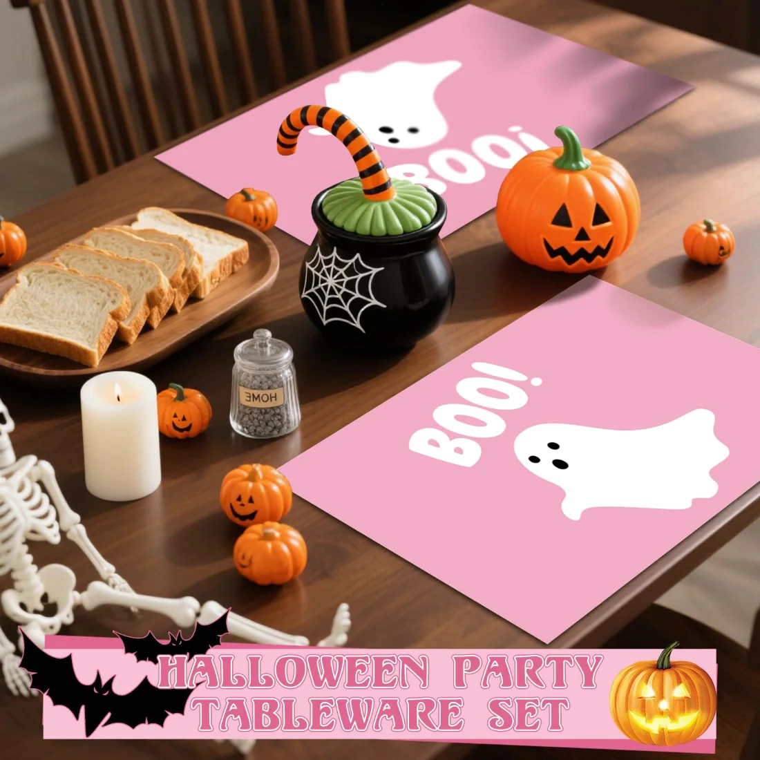 CHENGU Halloween ghost placemats, Pink Ghost, view 3