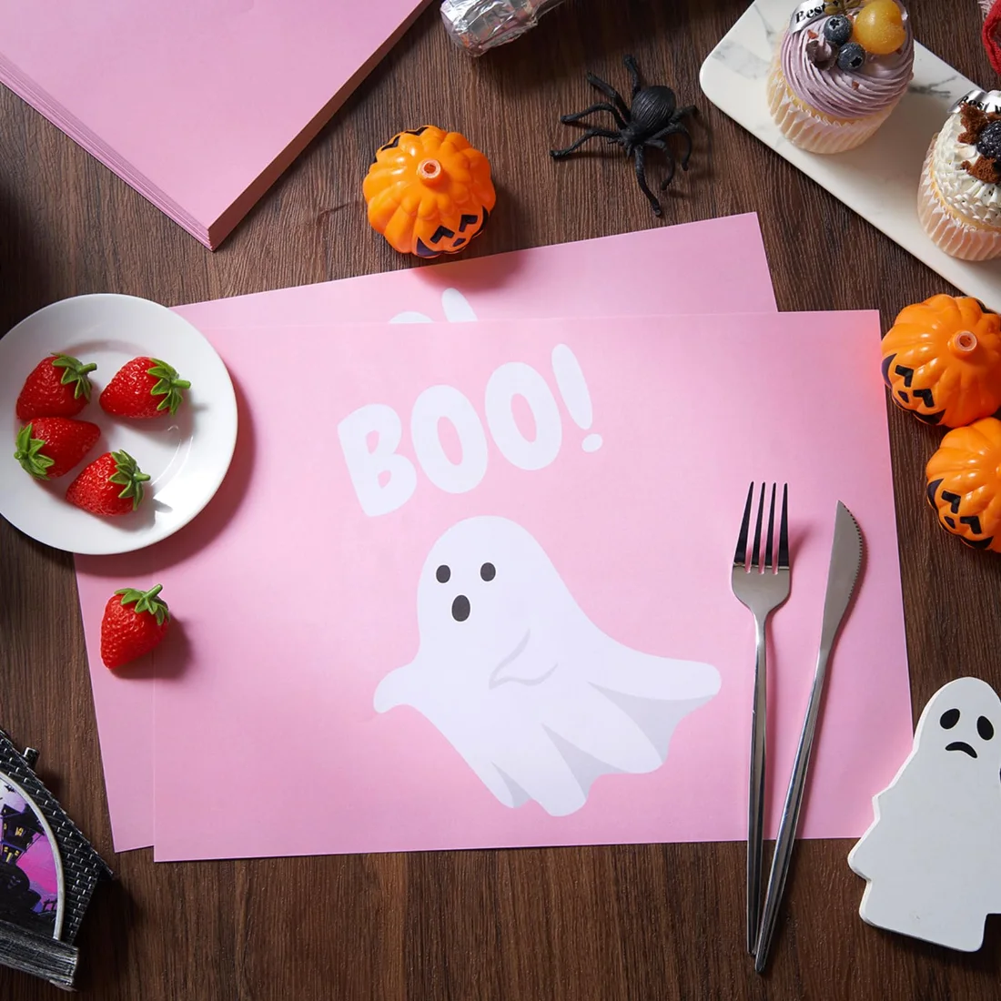CHENGU Halloween ghost placemats, Pink Ghost, view 4