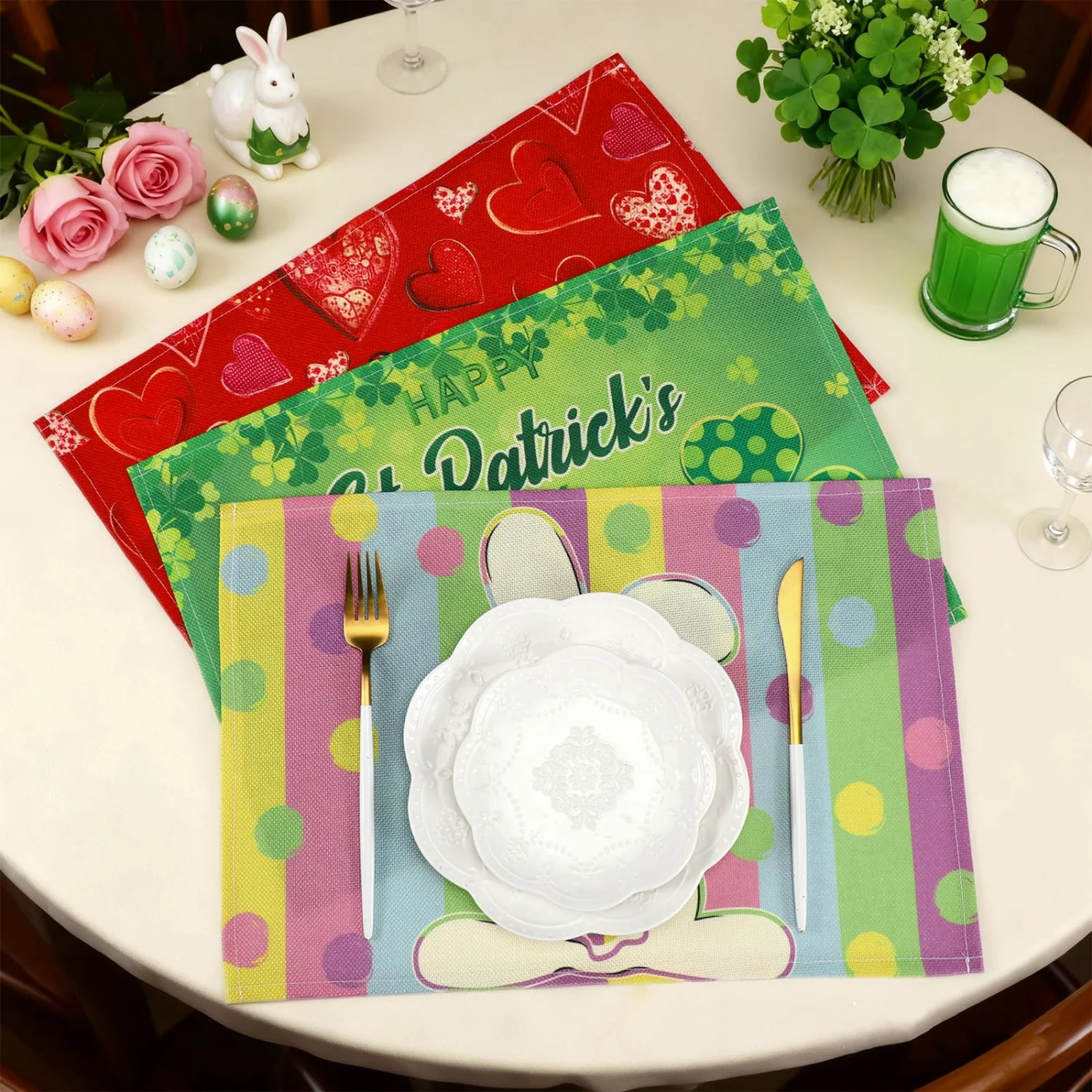 CHENGU Reversible holiday placemats, Pink Red, 12 x 18 inches Rectangle, 12 pcs