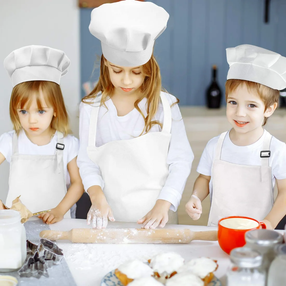CHENGU Kids apron and chef hat set, White, Medium, Ages 7-13, view 3