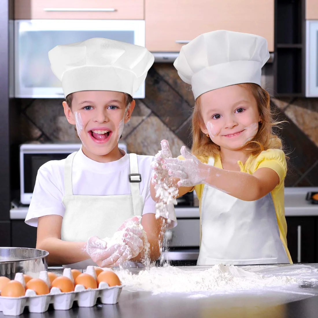 CHENGU Kids apron and chef hat set, White, Medium, Ages 7-13, view 4
