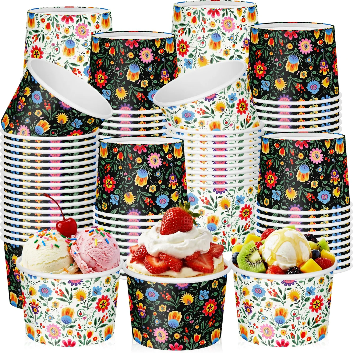 CHENGU Paper snack and dessert cups, Colorful, Mexican Colorful Flowers, 60 pcs