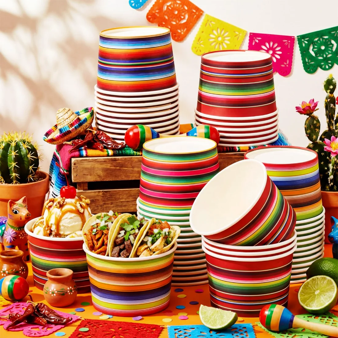 CHENGU Paper snack and dessert cups, Multicolor, Mexican Stripes, 60 pcs, view 2