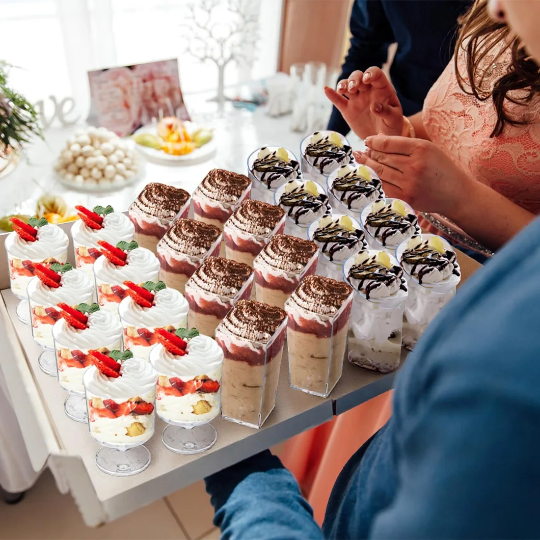 CHENGU Mini dessert shooter cups with spoons, Clear, Slanted+square+goblet, 150 pcs, view 3