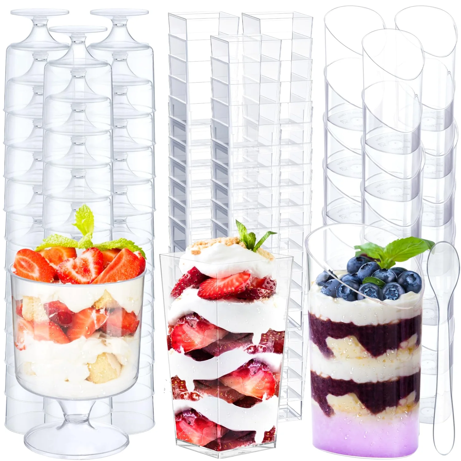 CHENGU Mini dessert shooter cups with spoons, Clear, Slanted+square+goblet, 150 pcs