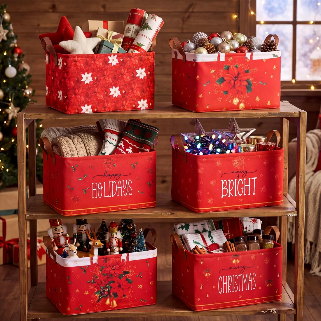 CHENGU Collapsible holiday storage bins, Floral Christmas, 6 pcs, view 6