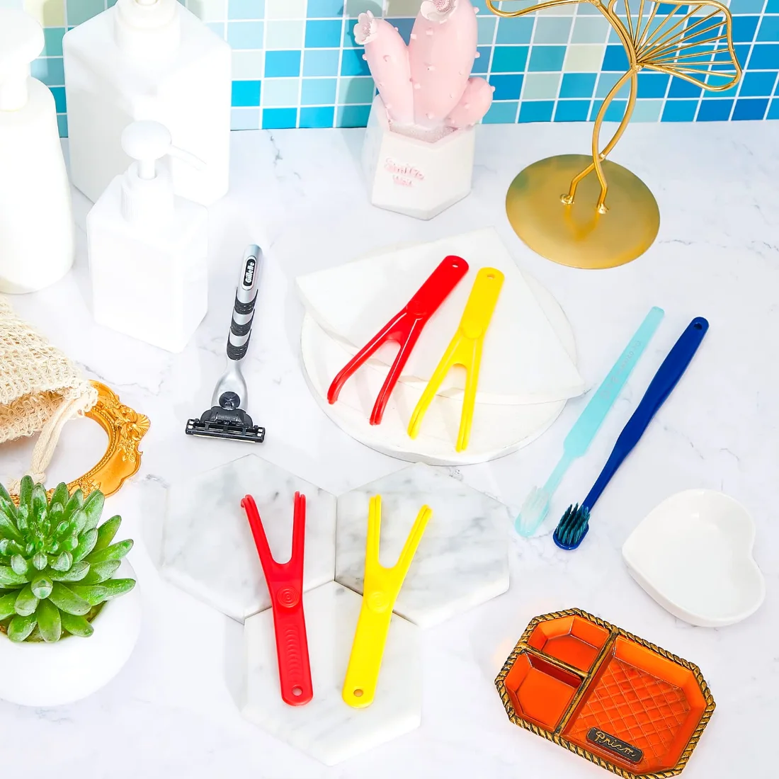 CHENGU Reusable dental floss holders, Red, Yellow, 10 pcs, view 2