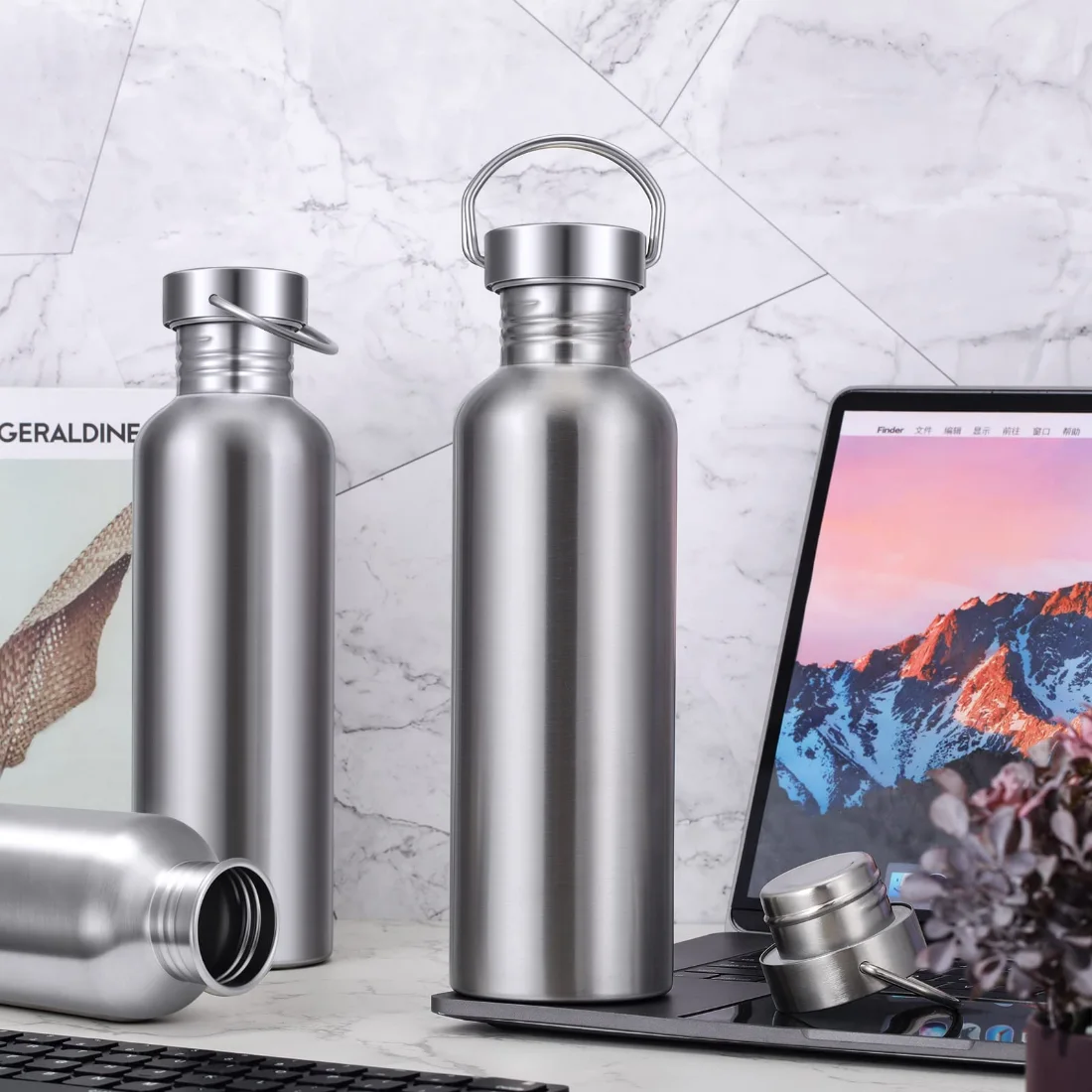 CHENGU Single wall stainless steel water bottles, Silver, 26 oz, view 2