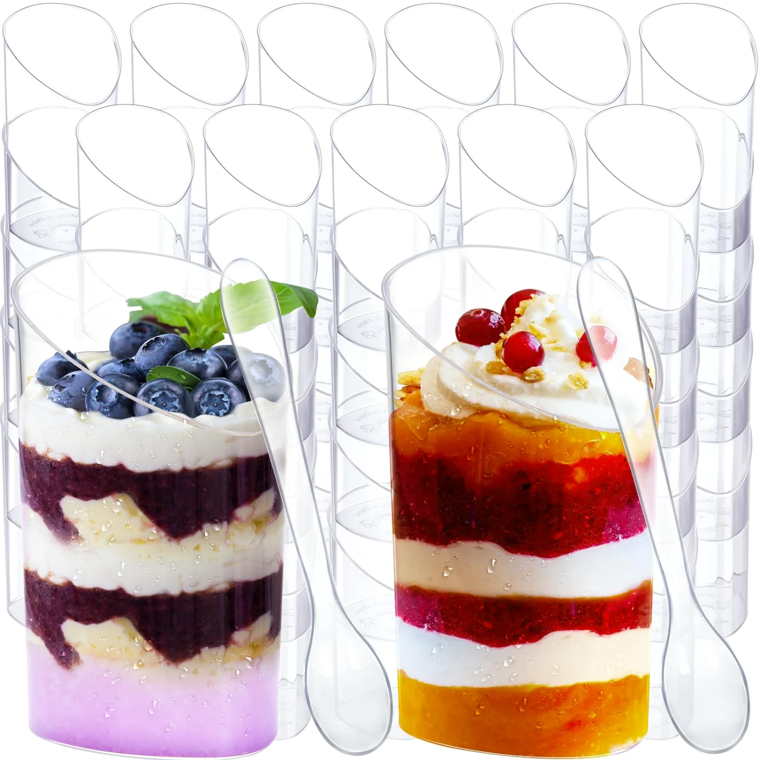 CHENGU Mini dessert shooter cups with spoons, Clear, Slanted, 150 pcs
