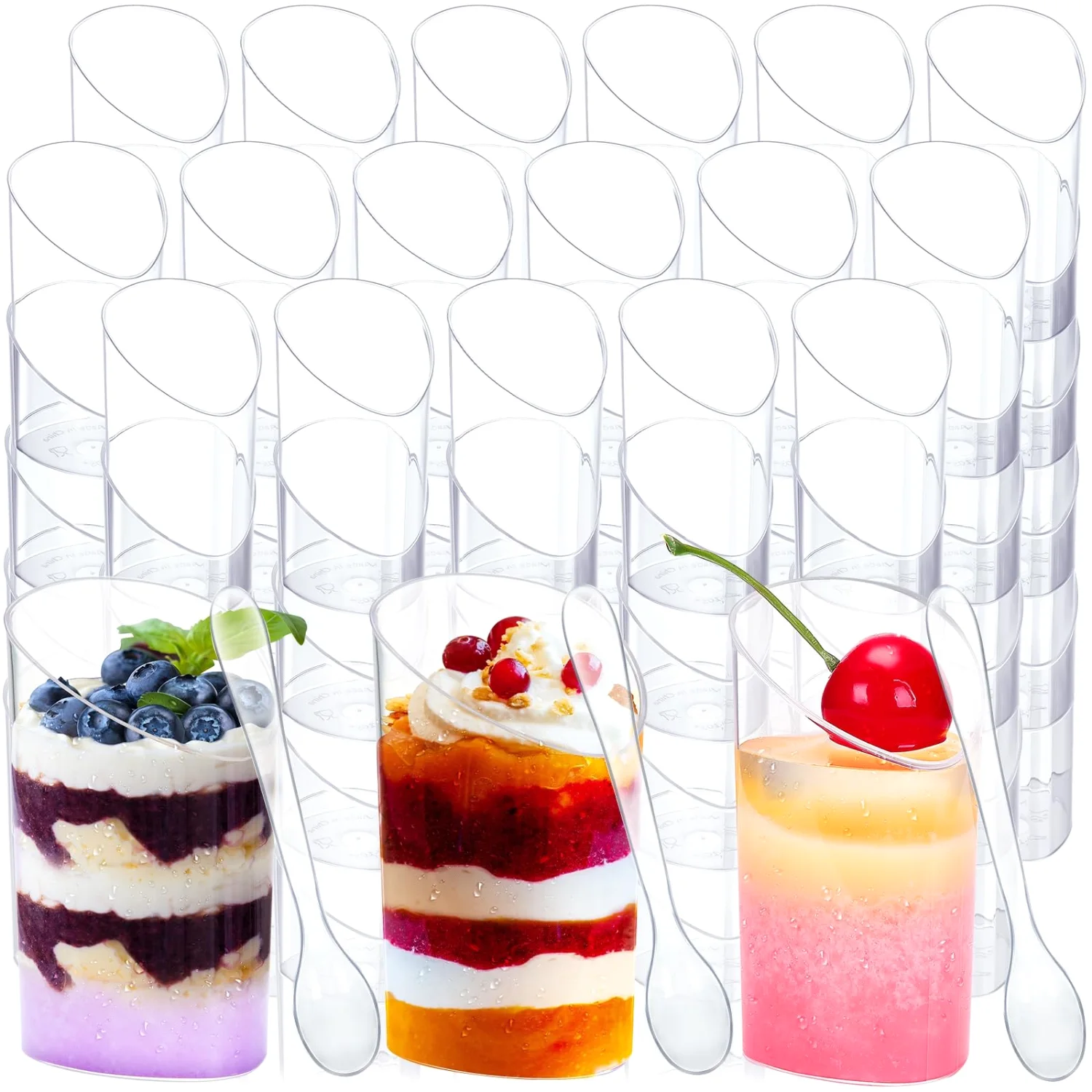 CHENGU Mini dessert shooter cups with spoons, Clear, Slanted, 300 pcs