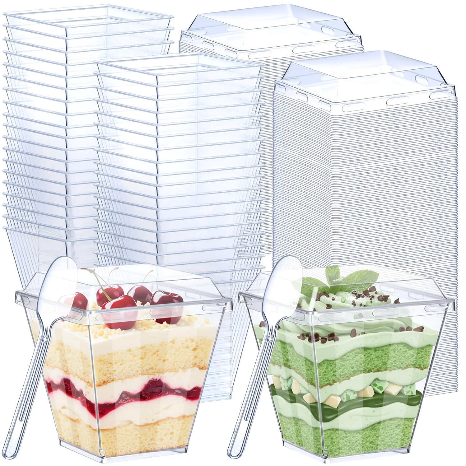 CHENGU Square dessert cups with lids, 7 oz, Flat Cover