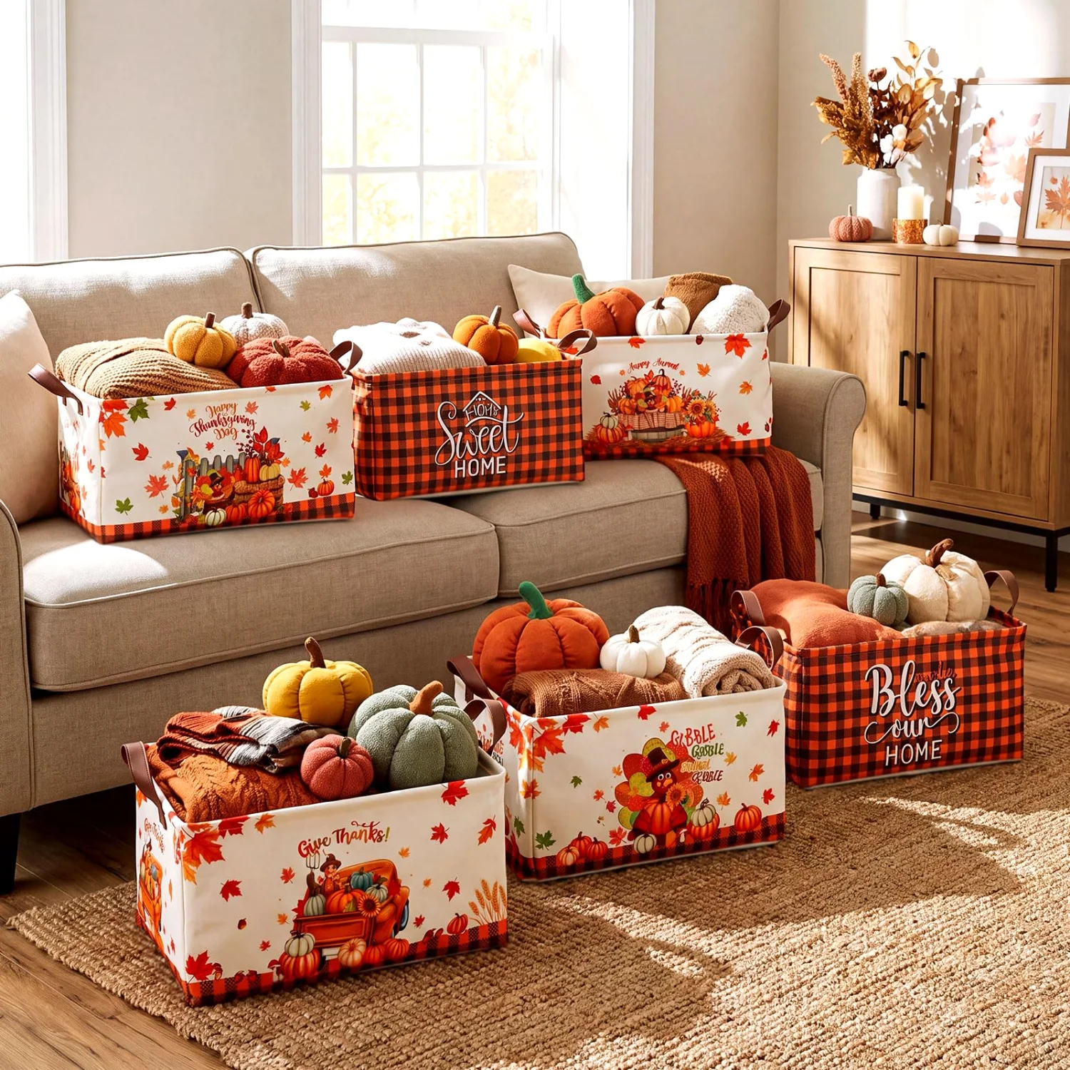 CHENGU Collapsible holiday storage bins, Turkey Pumpkin, 6 pcs