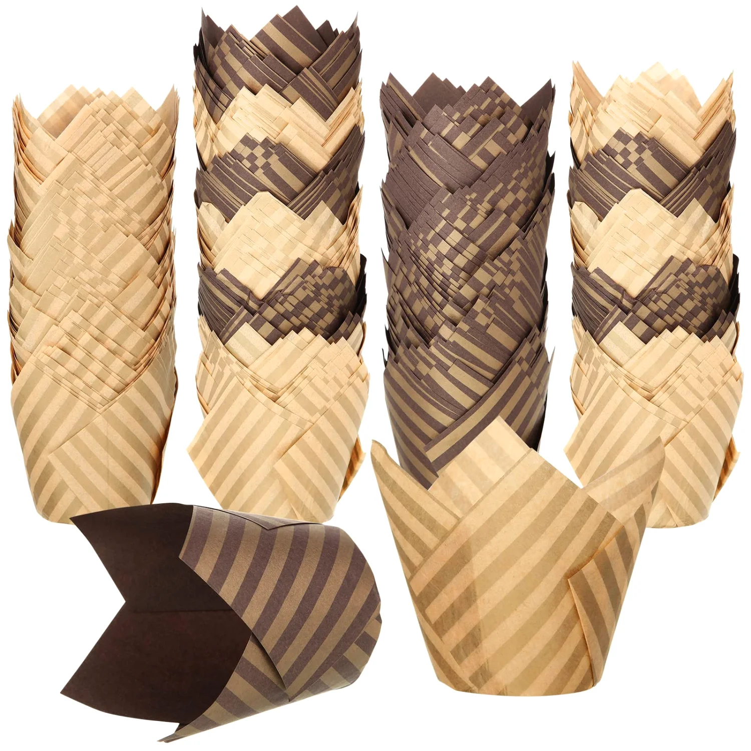 CHENGU Tulip cupcake liners, Beige, Brown Stripes