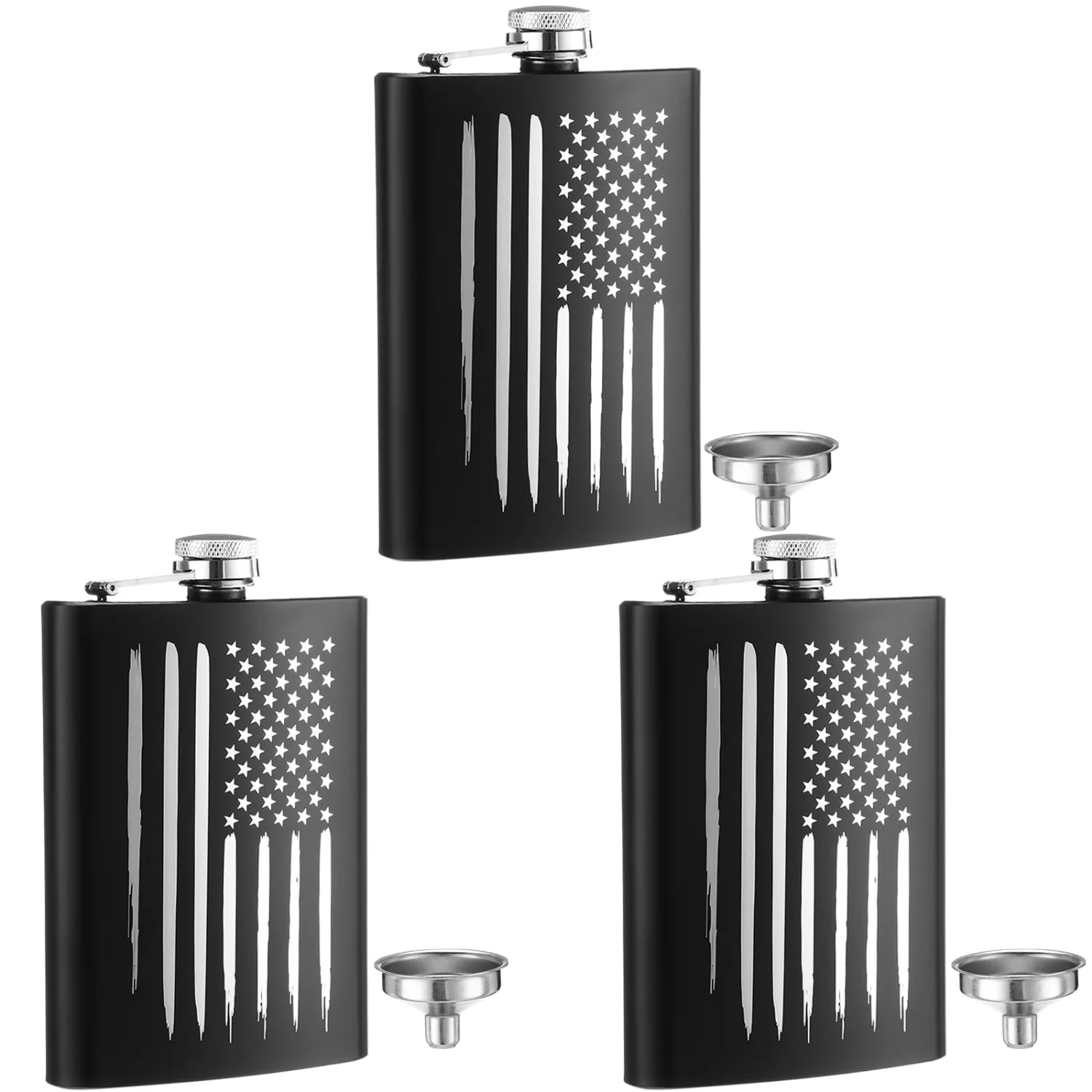 CHENGU American flag hip flask, Black, 8 oz, 3 pcs