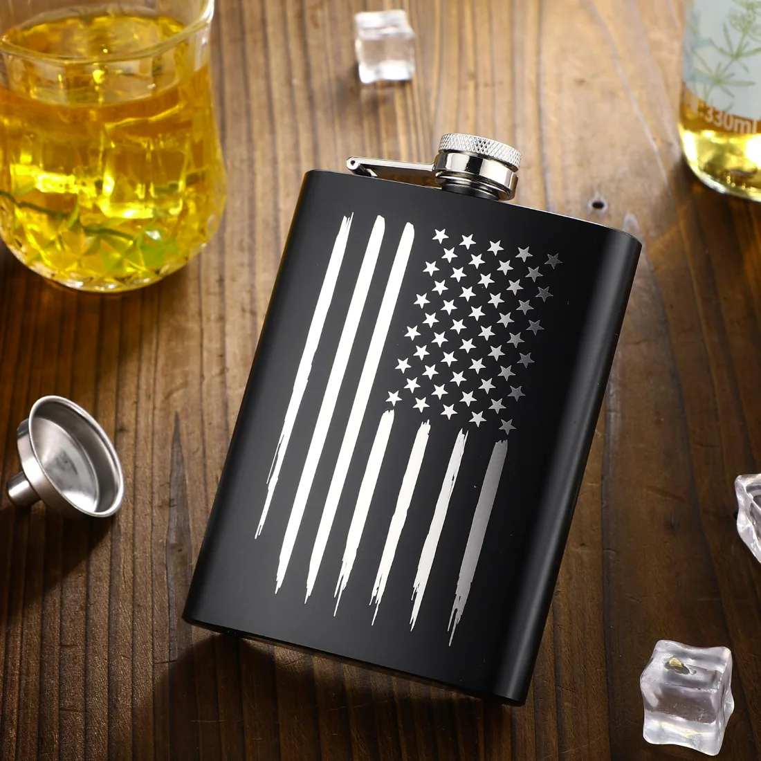 CHENGU American flag hip flask, Black, 8 oz, 6 pcs, view 2