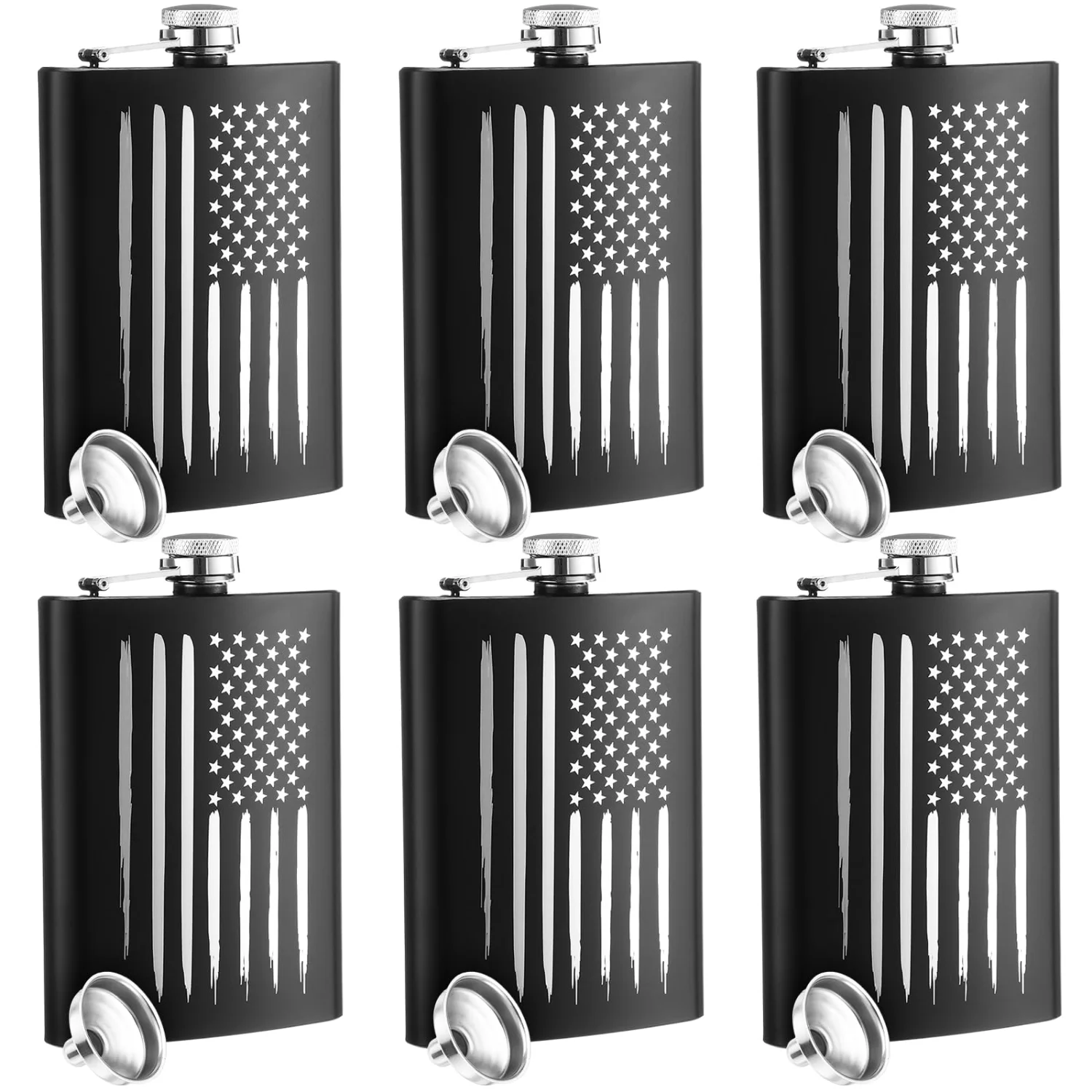 CHENGU American flag hip flask, Black, 8 oz, 6 pcs