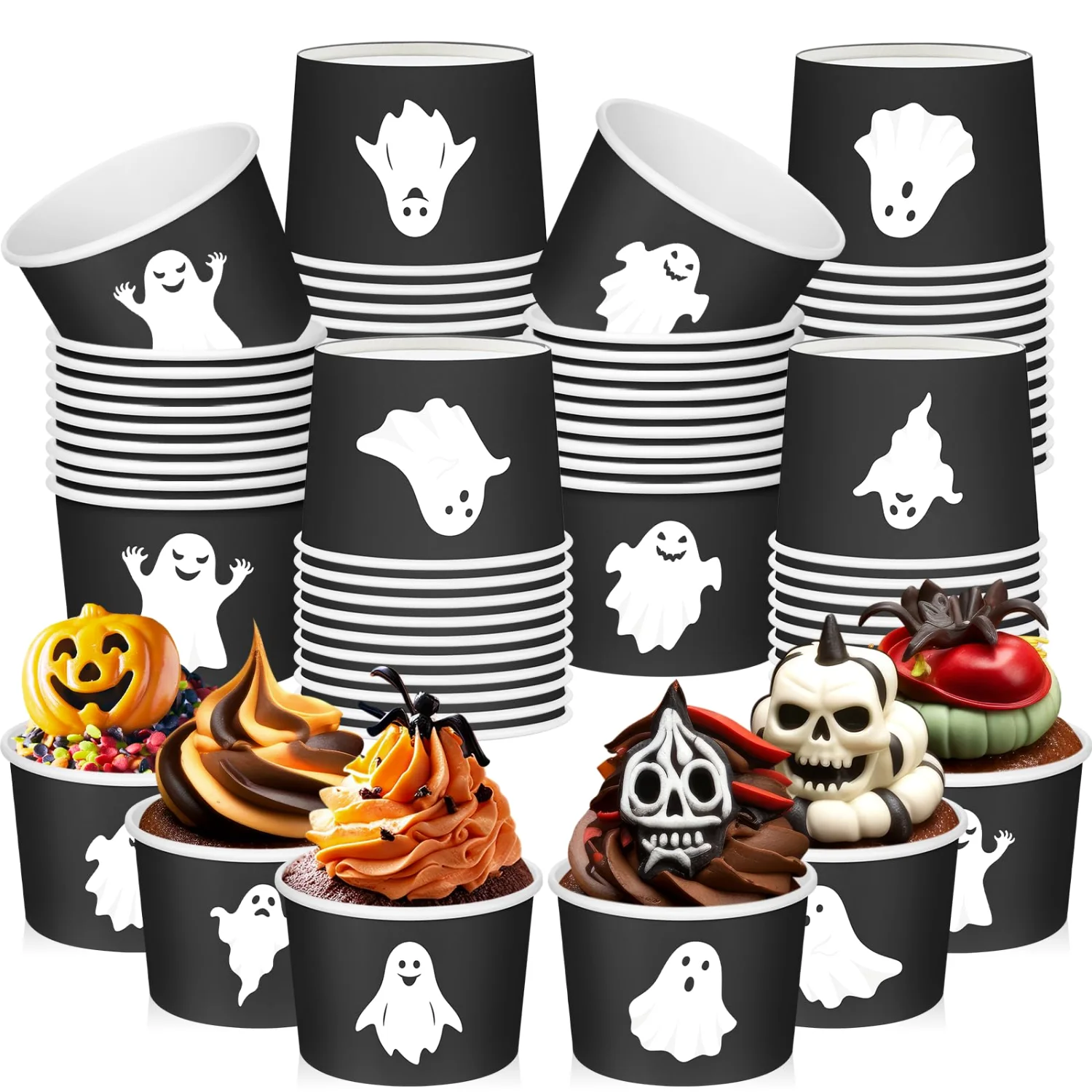 CHENGU Paper snack and dessert cups, Black, Ghost, 60 pcs