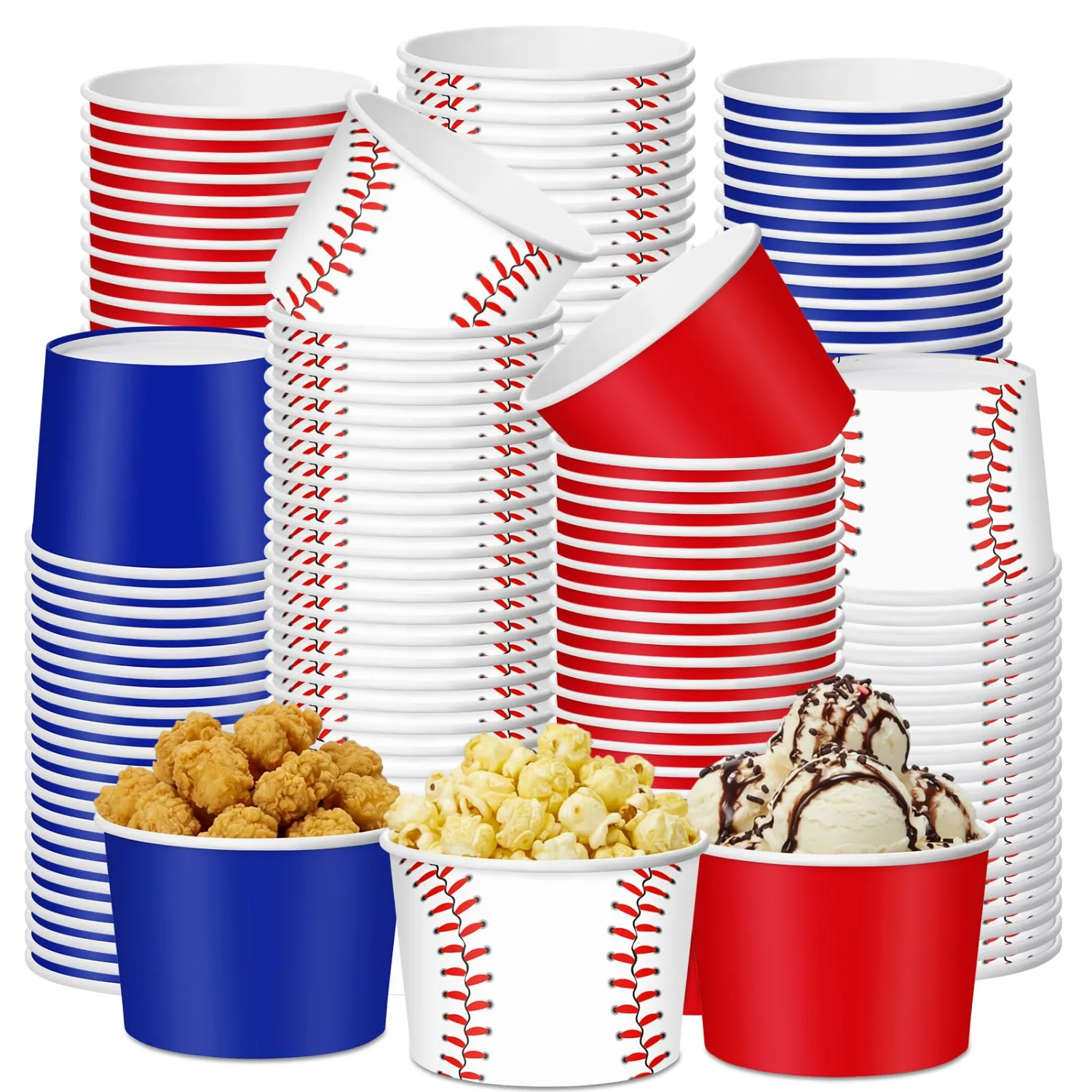 CHENGU Paper snack and dessert cups, Red,Blue,White, Baseball, 60 pcs