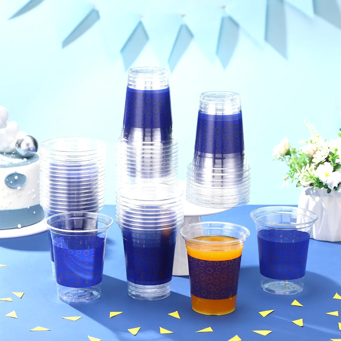 CHENGU Themed disposable party cups, Blue with Gold Ring, view 4