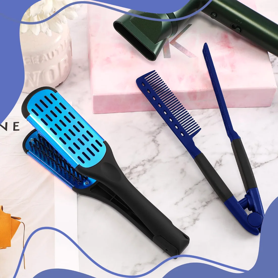 CHENGU Boar bristle straightening combs, Blue, Black, view 4