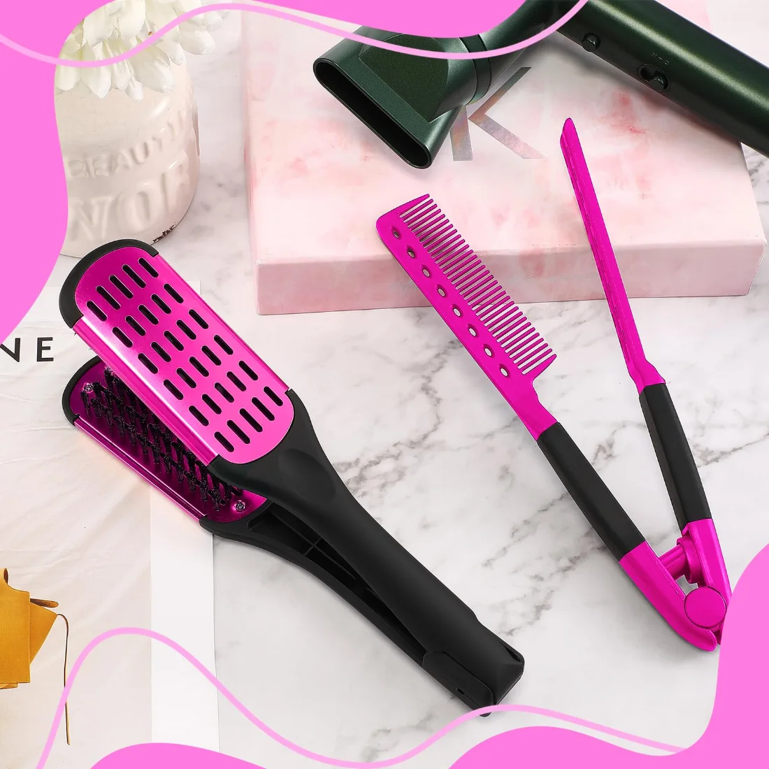CHENGU Boar bristle straightening combs, Rose Red, Pink, view 3