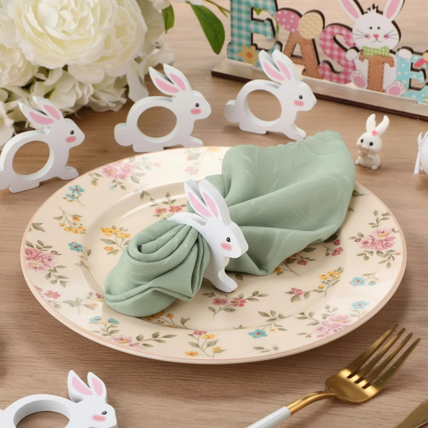 CHENGU Napkin rings, 12 pcs, Pink White, Bunny Ear