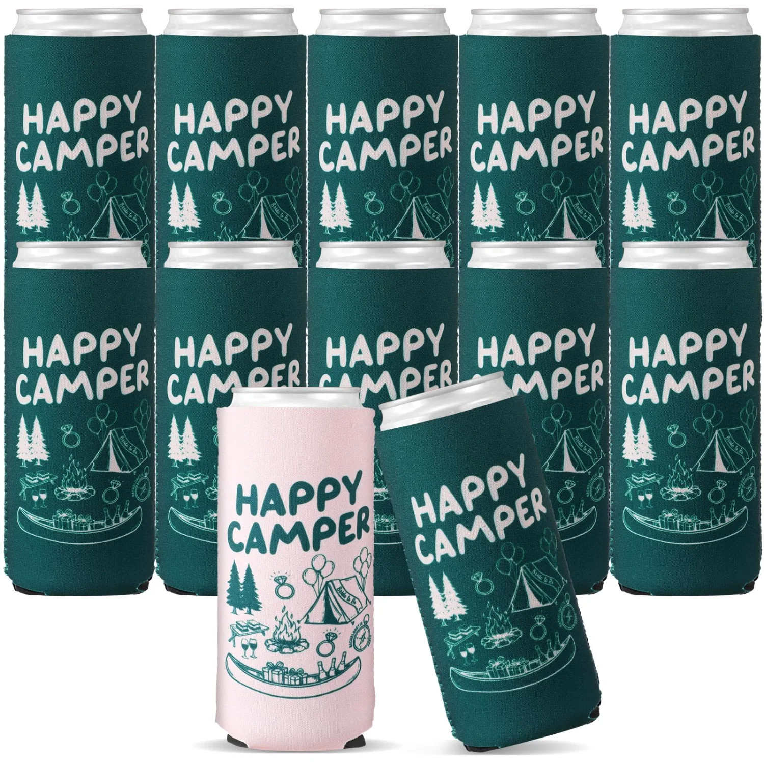 CHENGU Can coolers, 12 pcs, Happy Camper, White,Green