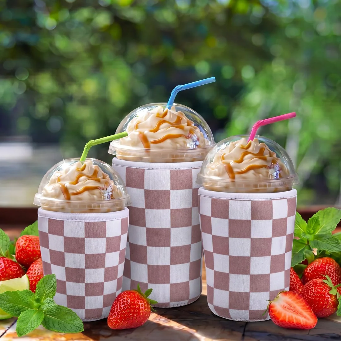 CHENGU Iced coffee cup sleeves, Beige, Checker, view 2