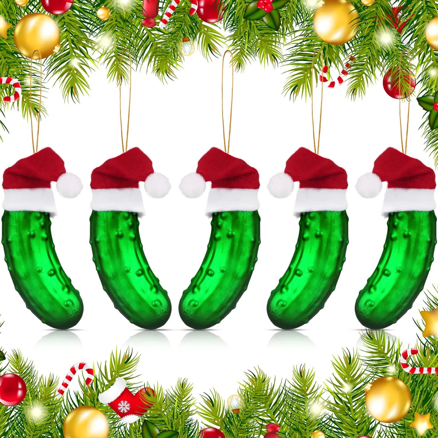 CHENGU Christmas pickle ornament with Santa hat, Green, 5 pcs