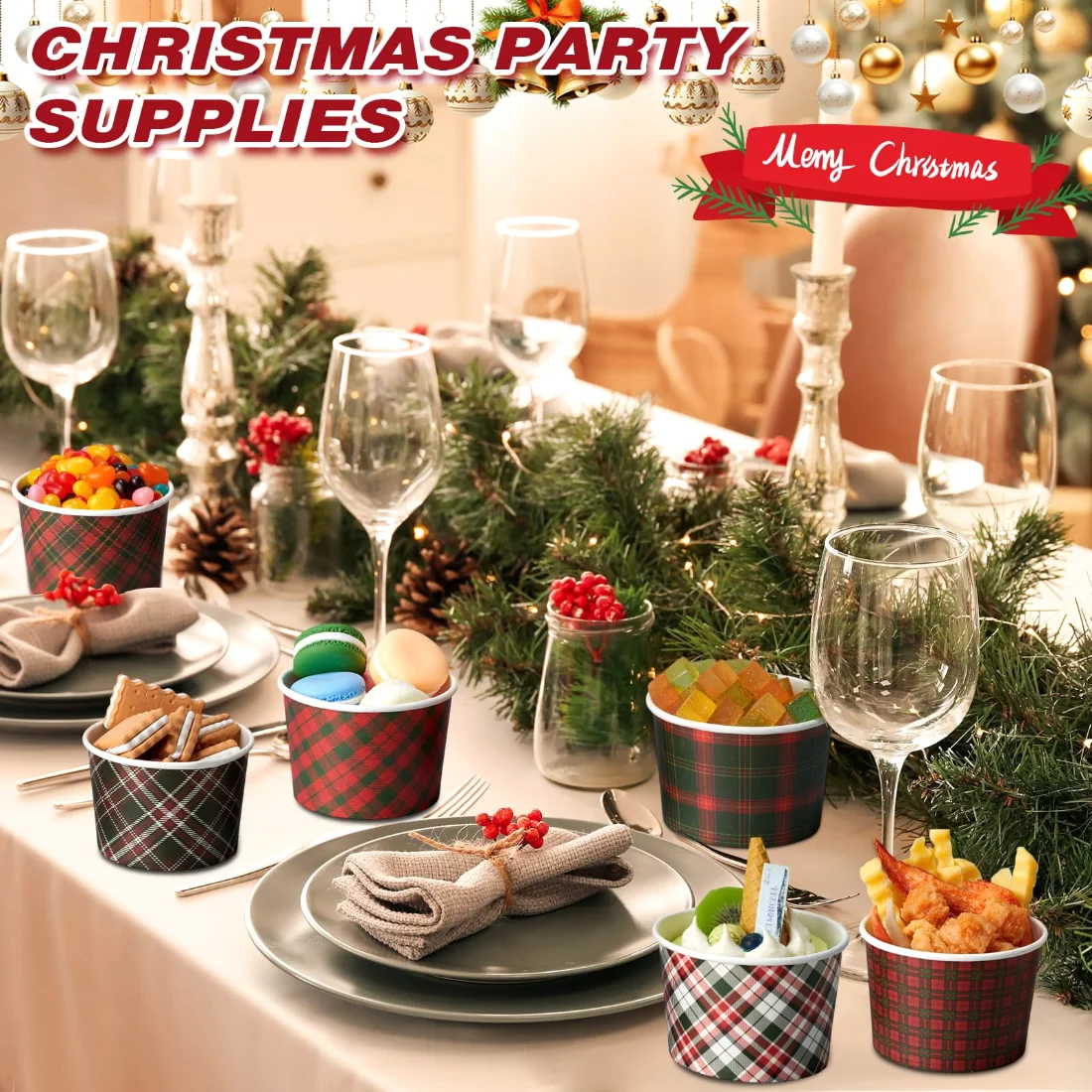 CHENGU Paper ice cream cups, Plaid, 180 pcs, view 2