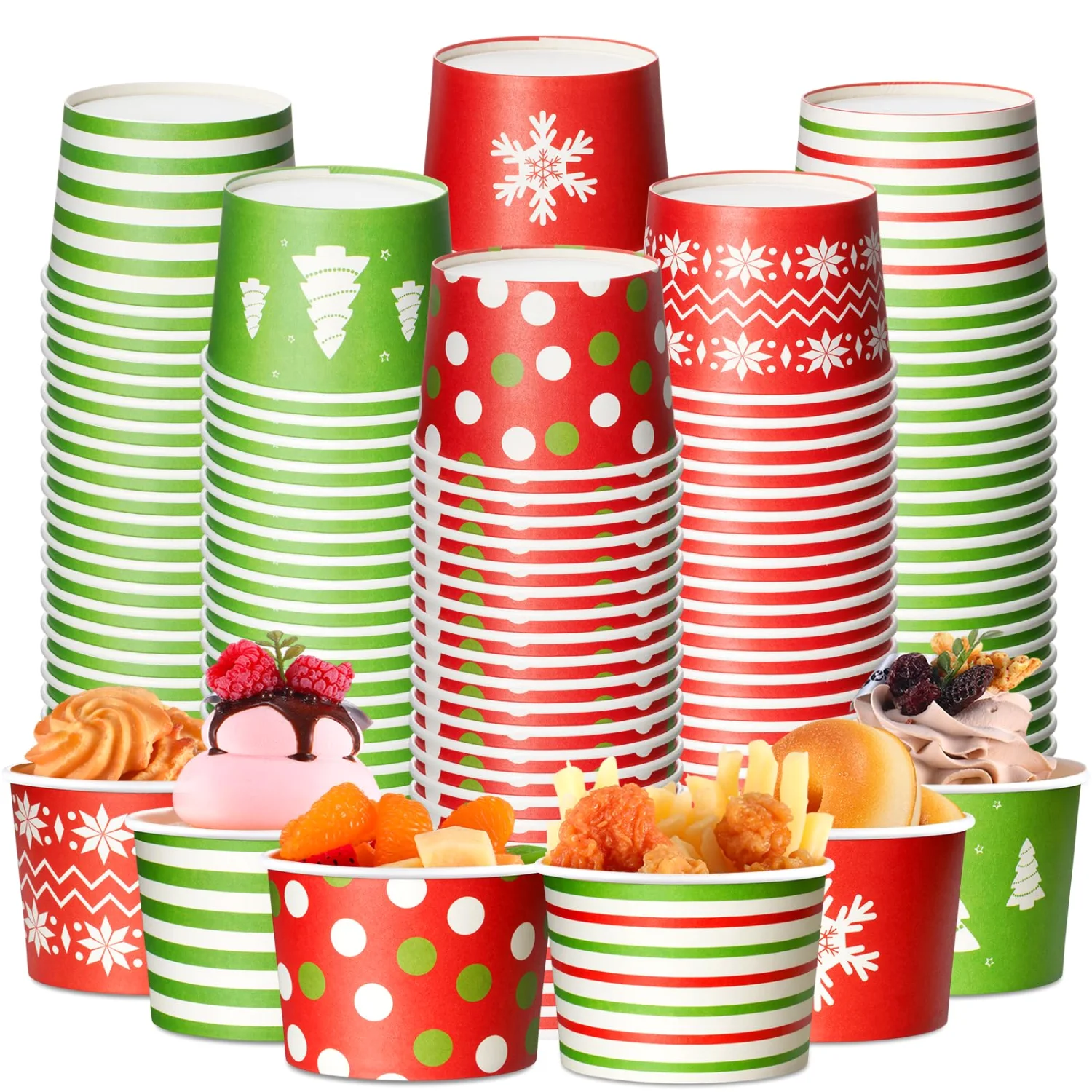 CHENGU Paper ice cream cups, Christmas, Red and Green, 8oz, 60 pcs