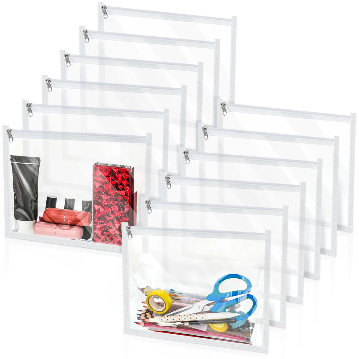 CHENGU Clear zipper pouches, White, 10 x 8 x 0.2 Inch, 12 pcs
