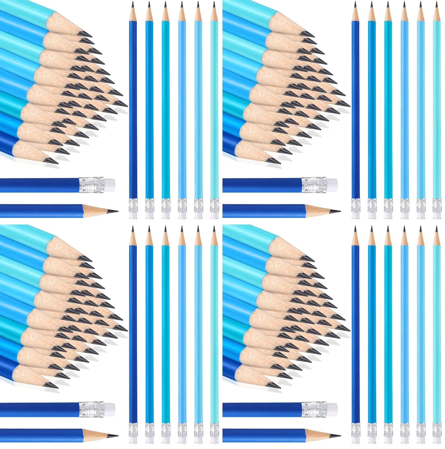 CHENGU Coastal blue pencils with eraser, Wooden, Blue, 144 pcs