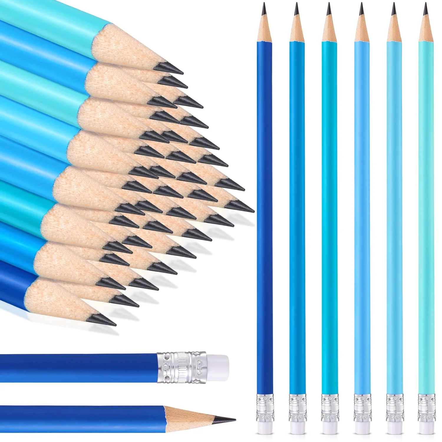 CHENGU Coastal blue pencils with eraser, Blue, 7.5 inches, 36 pcs