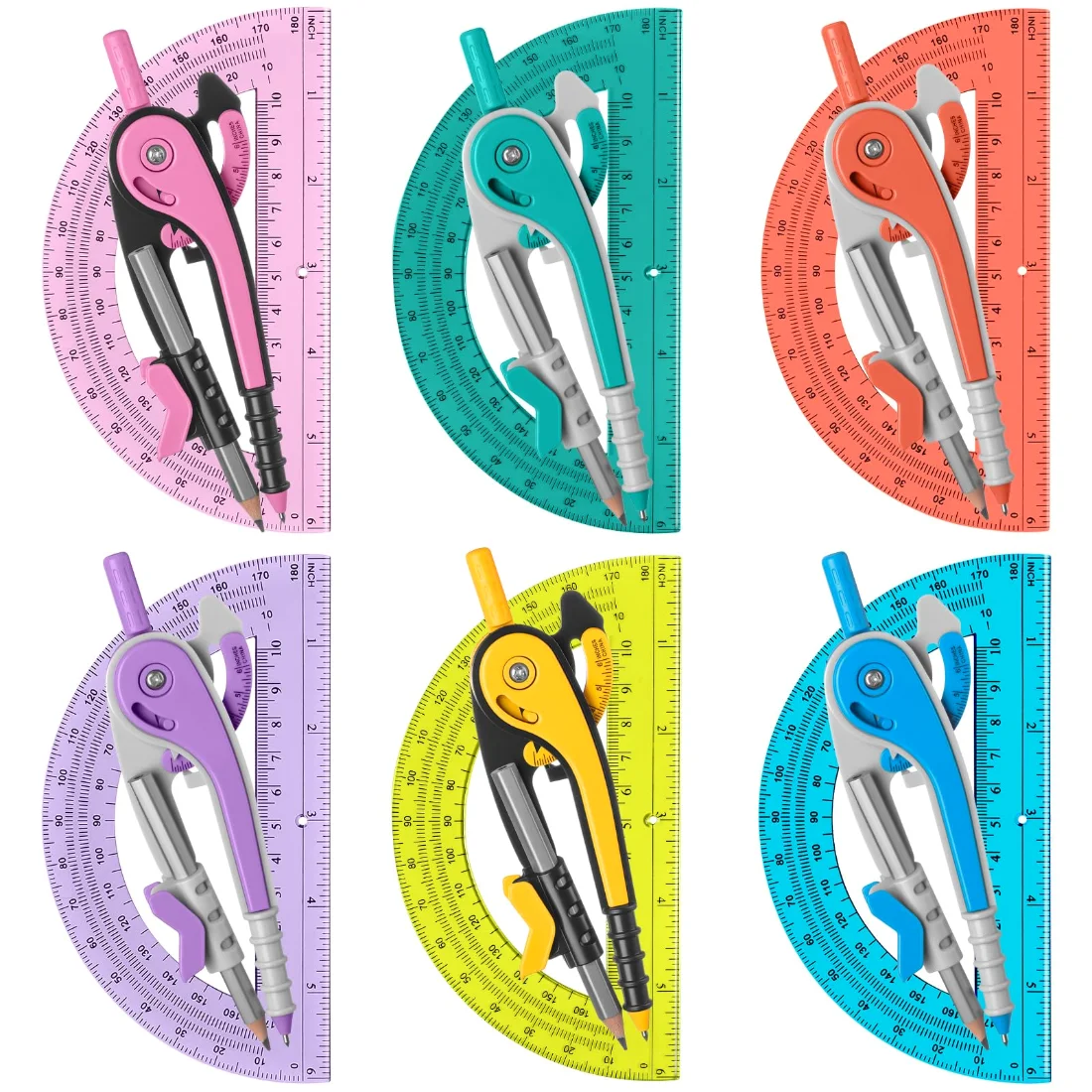 CHENGU Compass and protractor set, Multicolor, 6 Inch, 6 sets, view 2