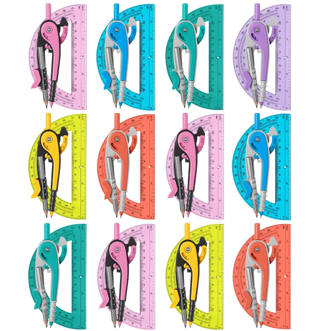 CHENGU Compass and protractor set, Multicolor, 6 Inch, 12 sets, view 2